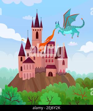 Fairy dragons composition with flat cartoon style images of flying fire-breathing dragon and castle landscape vector illustration Stock Vector