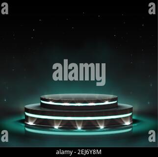 3d realistic vector neon luminous black stage with spot lights around on black background. Stock Vector
