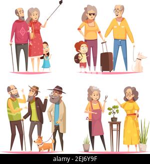 Longevity 2x2 design concept with elderly people leading an active lifestyle cartoon vector illustration Stock Vector