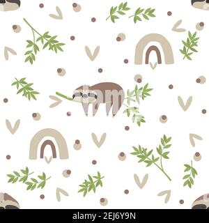 Seamless pattern of jungle animals, sloth sleeping on a branch Stock Vector