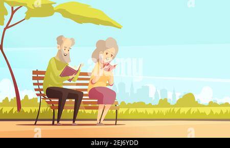 Old man and woman sitting on bench under tree in city park and reading books flat vector illustration Stock Vector
