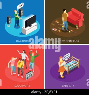 Neighbors relations isometric design concept with karaoke, untidy person, loud party, baby cry isolated vector illustration Stock Vector