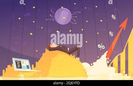 Cryptocurrency design composition with businessman lying on heap of bitcoins and dreaming of riches flat vector illustration Stock Vector