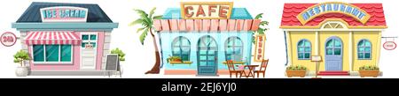 Vector cartoon style cafe, restaurant and ice cream place. Stock Vector