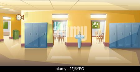 Vector cartoon style school hallway with open doors of classes with study tables and chairs. Stock Vector