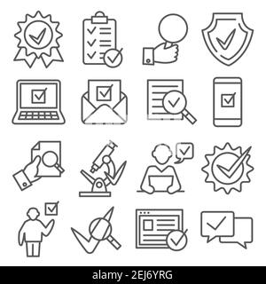 Check and quality line icons on white background Stock Vector