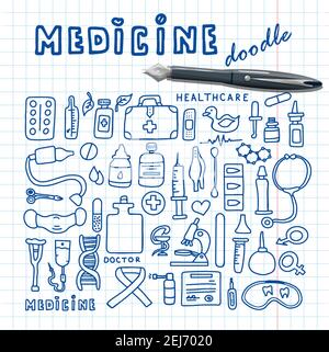 Medical doodle poster with medicines, test tubes and a thermometer. Big pharmacy set. Template for an advertising, patterns or remote medical consulta Stock Vector