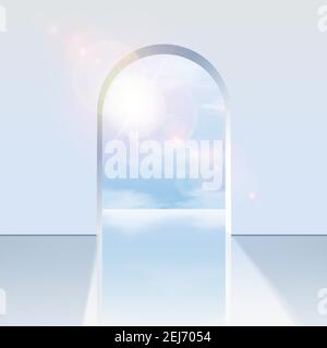 realistic vector white arch with a view on the blue sky with sunlight reflection. Stock Vector