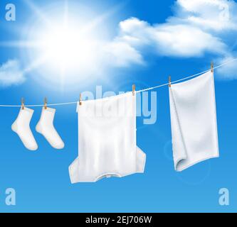 Washed laundry sky background realistic composition of clear heaven and white clothes drying in the sun vector illustration Stock Vector