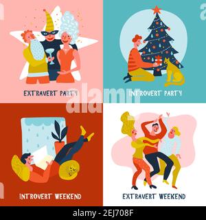 Hand drawn design concept with extrovert and introvert during festive party and weekend isolated vector illustration Stock Vector