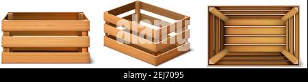 3d realistic vector set of cargo wooden boxes in side front and top view. Isolated on white background. Stock Vector