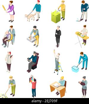 Domestic servant set of isometric icons with housemaid, gardener, nanny, personal chef, driver, nurse isolated vector illustration Stock Vector