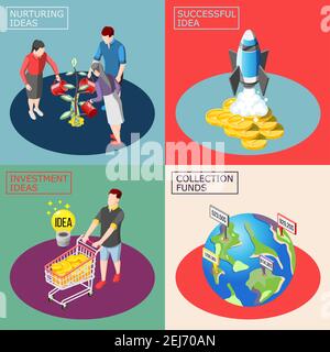 Crowdfunding isometric design concept with nurturing ideas, successful startup, financial investment, global fundraising isolated vector illustration Stock Vector