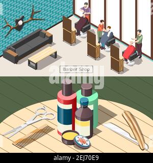 Barbershop set of horizontal isometric banners with male hair salon, professional tools and cosmetics isolated vector illustration Stock Vector