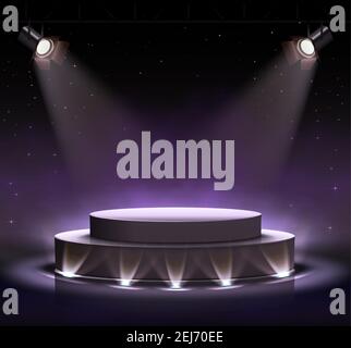 3d realistic vector neon luminous black stage with spot lights around and clouds effect in dark violet background. Stock Vector