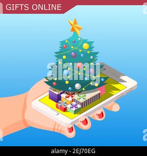 Christmas gifts online isometric composition on blue background with presents, year tree, female hand, smartphone vector illustration Stock Vector
