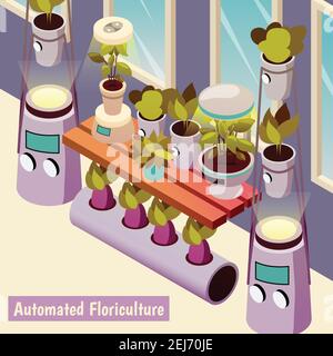 Agricultural robots isometric background with chemical gardening system and electronically controlled water tank with various plants vector illustrati Stock Vector