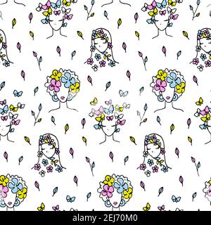 Hand drawn seamless pattern with women faces of different nationalities. Vector illustration. Spring collection Stock Vector