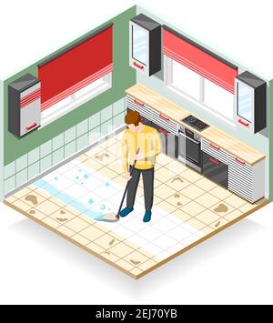 Home cleaner isometric composition with man during mopping dirty floor at kitchen vector illustration Stock Vector