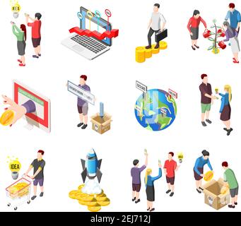 Set of isometric icons with creative idea, crowdfunding startup, international financial investment, collect money isolated vector illustration Stock Vector