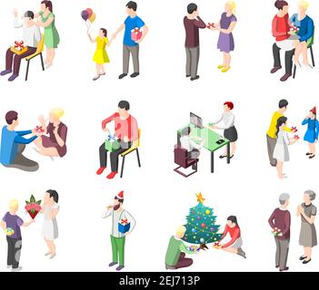 Set of isometric icons people with gifts during romantic meeting, christmas celebration, birthday isolated vector illustration Stock Vector