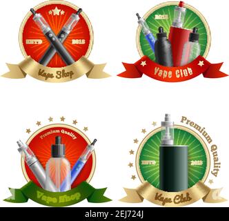 Vaping emblems realistic set of four isolated compositions with vape pens and vaporizing devices with text vector illustration Stock Vector