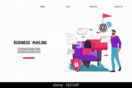 Business mailing and Email marketing.web banner template with man getting correspondence on his inbox, flat vector illustration. Landing page for mail Stock Vector