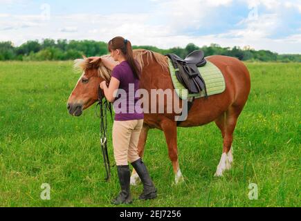 Caucasian female horse rider is standing next to her saddled mare and fitting the bridle in outdoors. Stock Photo