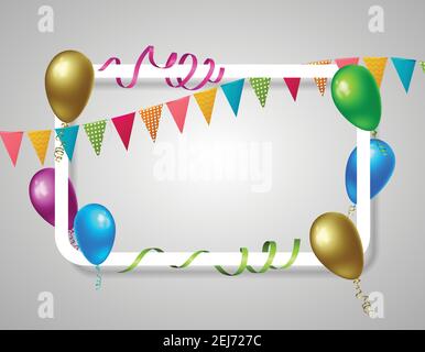 White rectangle frame with realistic holiday elements including colorful balloons, flags, streamers on grey background vector illustration Stock Vector