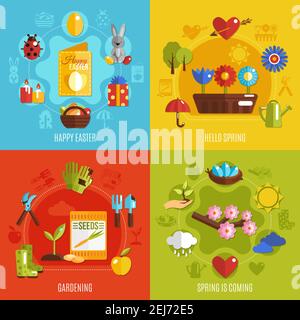 Spring easter holiday items blooming flowers and gardening tools 2x2 flat icons set on colorful background isolated vector illustration Stock Vector