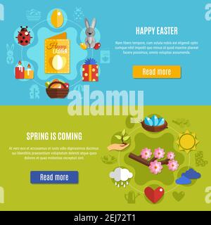 Flat set of two colorful horizontal banners with easter and spring icons isolated vector illustration Stock Vector