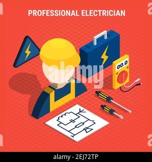 Red electricity isometric composition with professional electrician headline and isolated elements on the theme vector illustration Stock Vector