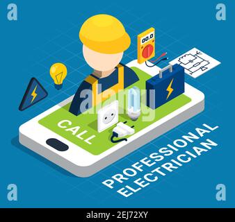 Electricity isometric colored concept with smartphone and service on request by profession electrician vector illustration Stock Vector