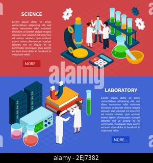Science horizontal isometric banners set with laboratory symbols isolated vector illustration Stock Vector