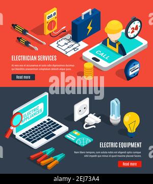 Electricity isometric banner set with electrician service and electric equipment headlines vector illustration Stock Vector