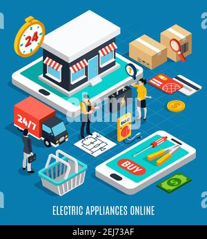 Electricity isometric colored 3d composition with electric appliances online headline 3d style vector illustration Stock Vector