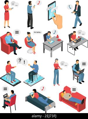 Isometric icons set with people during chatting by phone, in messengers and social networks isolated vector illustration Stock Vector