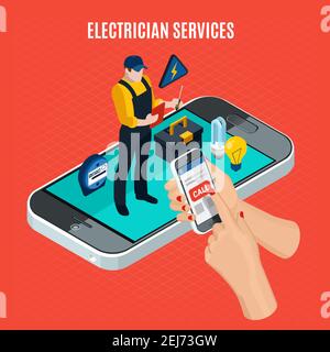 Electricity isometric red composition with electrician services description and call a professional electrician via smartphone vector illustration Stock Vector