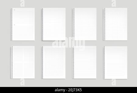 Notebooks with lines, dots and square grid. Vector realistic mockup of notepads with spiral wire binders and lined pattern paper. Template of empty paper sheets on springs isolated on gray background Stock Vector