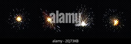 Fire sparks from metal welding, iron cutting or sparklers isolated on transparent background. Vector realistic flare effect, light flashes of industrial works with steel or fireworks Stock Vector