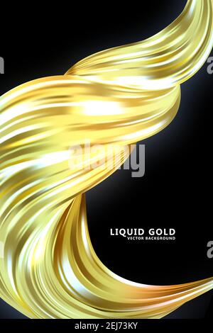 Abstract golden wave isolated on black background. Vector 3d illustration. Luxury flowing shape. Smooth liquid object. Stock Vector