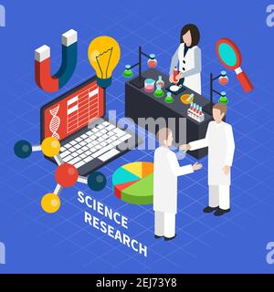 Science isometric concept with research symbols on blue background vector illustration Stock Vector