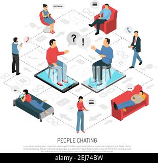 People chatting isometric flowchart background poster with online conversations dating sharing messaging with mobile devices vector illustration Stock Vector