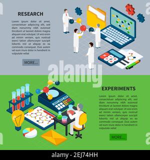 Science horizontal isometric banners set with research symbols isolated vector illustration Stock Vector