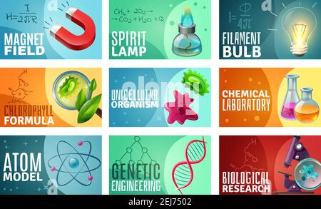 Set of science isolated vector illustration with spirit lamp genetic engineering atom model unicellular organisms decorative icons Stock Vector