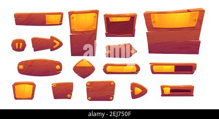 Wooden and gold buttons for ui game, gui elements isolated on white ...