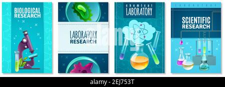 Four science isolated banners with laboratory tools for genetics chemical and biological research flat vector illustration Stock Vector