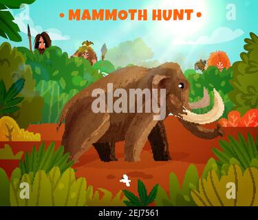 Mammoth hunt colorful poster with title and prehistoric people hunting for big animal in stone age cartoon vector illustration Stock Vector