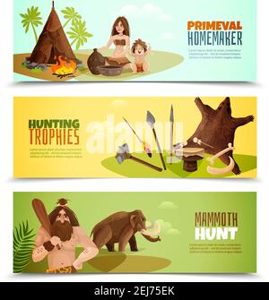 Cavemen horizontal banners with primeval homemaker hunting trophies mammoth hunt cartoon compositions vector illustration Stock Vector