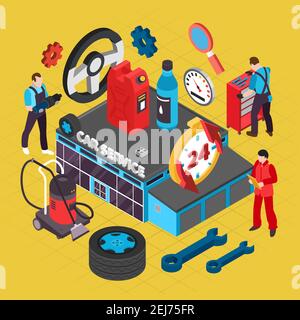 Car service isometric concept with spare parts symbols vector illustration Stock Vector